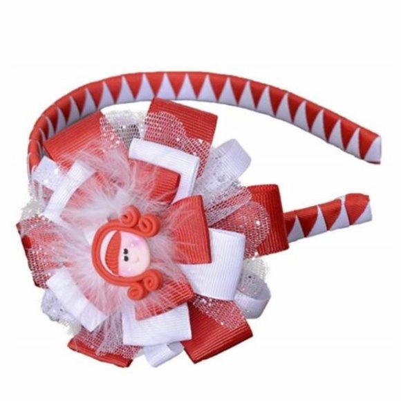 Girl's Headband Flower Design Red & White with Doll Face Charm - Picture 2 of 2